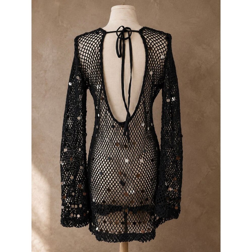 Celandine Black Sequin Fishnet Mini Dress Cover-Up Size M NWT Anthropologie - Picture 5 of 11